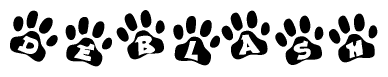 The image shows a row of animal paw prints, each containing a letter. The letters spell out the word Deblash within the paw prints.