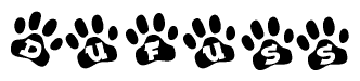 The image shows a series of animal paw prints arranged horizontally. Within each paw print, there's a letter; together they spell Dufuss