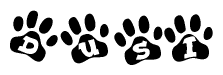 The image shows a row of animal paw prints, each containing a letter. The letters spell out the word Dusi within the paw prints.