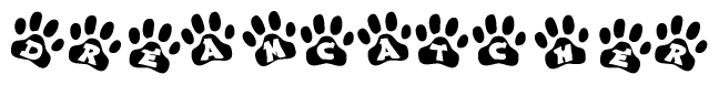 The image shows a row of animal paw prints, each containing a letter. The letters spell out the word Dreamcatcher within the paw prints.