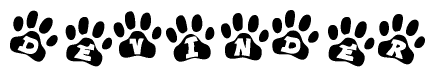 The image shows a series of animal paw prints arranged in a horizontal line. Each paw print contains a letter, and together they spell out the word Devinder.