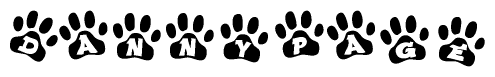 The image shows a series of animal paw prints arranged in a horizontal line. Each paw print contains a letter, and together they spell out the word Dannypage.