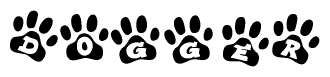 The image shows a series of animal paw prints arranged in a horizontal line. Each paw print contains a letter, and together they spell out the word Dogger.