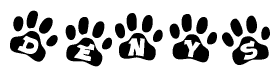 The image shows a series of animal paw prints arranged horizontally. Within each paw print, there's a letter; together they spell Denys