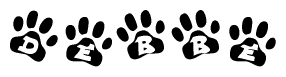 The image shows a row of animal paw prints, each containing a letter. The letters spell out the word Debbe within the paw prints.