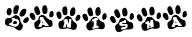 The image shows a series of animal paw prints arranged in a horizontal line. Each paw print contains a letter, and together they spell out the word Danisha.