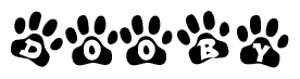 The image shows a series of animal paw prints arranged in a horizontal line. Each paw print contains a letter, and together they spell out the word Dooby.