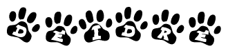 The image shows a row of animal paw prints, each containing a letter. The letters spell out the word Deidre within the paw prints.