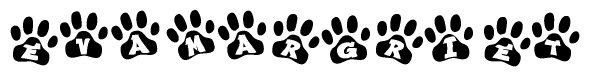 The image shows a series of animal paw prints arranged in a horizontal line. Each paw print contains a letter, and together they spell out the word Evamargriet.