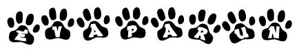 The image shows a row of animal paw prints, each containing a letter. The letters spell out the word Evaparun within the paw prints.