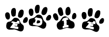 The image shows a row of animal paw prints, each containing a letter. The letters spell out the word Edie within the paw prints.