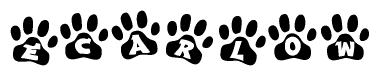 The image shows a series of animal paw prints arranged horizontally. Within each paw print, there's a letter; together they spell Ecarlow