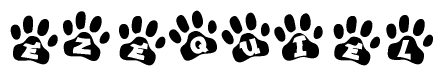 The image shows a series of animal paw prints arranged in a horizontal line. Each paw print contains a letter, and together they spell out the word Ezequiel.