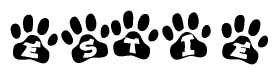 The image shows a row of animal paw prints, each containing a letter. The letters spell out the word Estie within the paw prints.