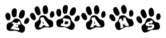 The image shows a row of animal paw prints, each containing a letter. The letters spell out the word Eadams within the paw prints.