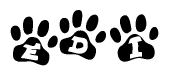 The image shows a series of animal paw prints arranged horizontally. Within each paw print, there's a letter; together they spell Edi