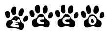 The image shows a series of animal paw prints arranged horizontally. Within each paw print, there's a letter; together they spell Ecco