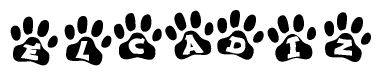 The image shows a series of animal paw prints arranged in a horizontal line. Each paw print contains a letter, and together they spell out the word Elcadiz.
