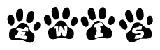 The image shows a row of animal paw prints, each containing a letter. The letters spell out the word Ewis within the paw prints.
