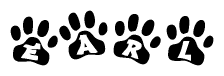 The image shows a series of animal paw prints arranged in a horizontal line. Each paw print contains a letter, and together they spell out the word Earl.