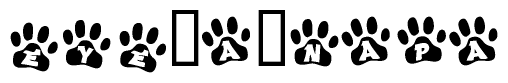 The image shows a row of animal paw prints, each containing a letter. The letters spell out the word Eye a napa within the paw prints.