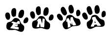 The image shows a series of animal paw prints arranged in a horizontal line. Each paw print contains a letter, and together they spell out the word Enma.