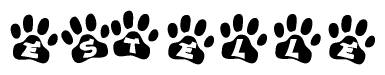 The image shows a row of animal paw prints, each containing a letter. The letters spell out the word Estelle within the paw prints.