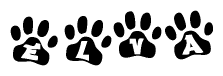The image shows a series of animal paw prints arranged horizontally. Within each paw print, there's a letter; together they spell Elva