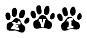 The image shows a row of animal paw prints, each containing a letter. The letters spell out the word Evi within the paw prints.