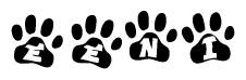 The image shows a row of animal paw prints, each containing a letter. The letters spell out the word Eeni within the paw prints.