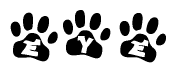The image shows a series of animal paw prints arranged in a horizontal line. Each paw print contains a letter, and together they spell out the word Eye.