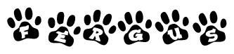 The image shows a row of animal paw prints, each containing a letter. The letters spell out the word Fergus within the paw prints.