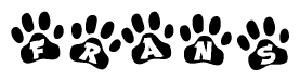 The image shows a series of animal paw prints arranged in a horizontal line. Each paw print contains a letter, and together they spell out the word Frans.