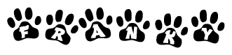 The image shows a row of animal paw prints, each containing a letter. The letters spell out the word Franky within the paw prints.