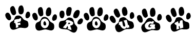 The image shows a series of animal paw prints arranged in a horizontal line. Each paw print contains a letter, and together they spell out the word Forough.