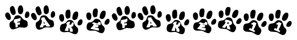 The image shows a series of animal paw prints arranged horizontally. Within each paw print, there's a letter; together they spell Fakefaker11