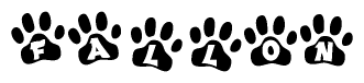 The image shows a row of animal paw prints, each containing a letter. The letters spell out the word Fallon within the paw prints.