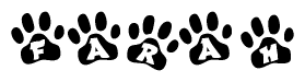 The image shows a series of animal paw prints arranged horizontally. Within each paw print, there's a letter; together they spell Farah