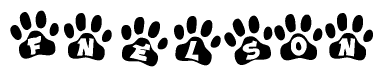 The image shows a series of animal paw prints arranged horizontally. Within each paw print, there's a letter; together they spell Fnelson
