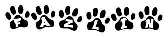 The image shows a series of animal paw prints arranged in a horizontal line. Each paw print contains a letter, and together they spell out the word Fazlin.