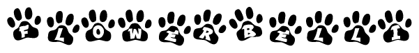 The image shows a series of animal paw prints arranged horizontally. Within each paw print, there's a letter; together they spell Flowerbelli