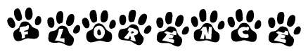 The image shows a series of animal paw prints arranged horizontally. Within each paw print, there's a letter; together they spell Florence