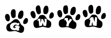 The image shows a series of animal paw prints arranged horizontally. Within each paw print, there's a letter; together they spell Gwyn