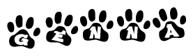 The image shows a series of animal paw prints arranged in a horizontal line. Each paw print contains a letter, and together they spell out the word Genna.