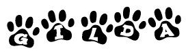 The image shows a row of animal paw prints, each containing a letter. The letters spell out the word Gilda within the paw prints.