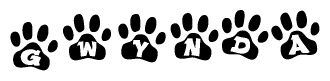 The image shows a row of animal paw prints, each containing a letter. The letters spell out the word Gwynda within the paw prints.
