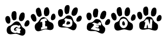 The image shows a series of animal paw prints arranged in a horizontal line. Each paw print contains a letter, and together they spell out the word Gideon.