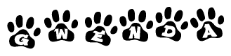 The image shows a series of animal paw prints arranged in a horizontal line. Each paw print contains a letter, and together they spell out the word Gwenda.