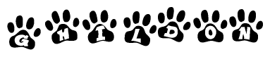 The image shows a series of animal paw prints arranged horizontally. Within each paw print, there's a letter; together they spell Ghildon