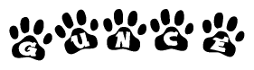 The image shows a series of animal paw prints arranged in a horizontal line. Each paw print contains a letter, and together they spell out the word Gunce.